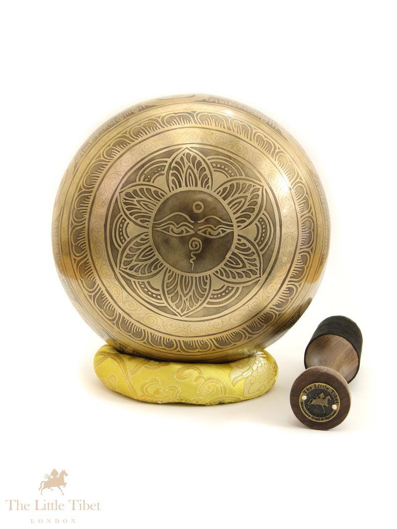 Hand-Beaten Tibetan Singing Bowl – Solar Plexus Chakra Sound Healing Bowl with Mantra Etching (Note G) - EC102
