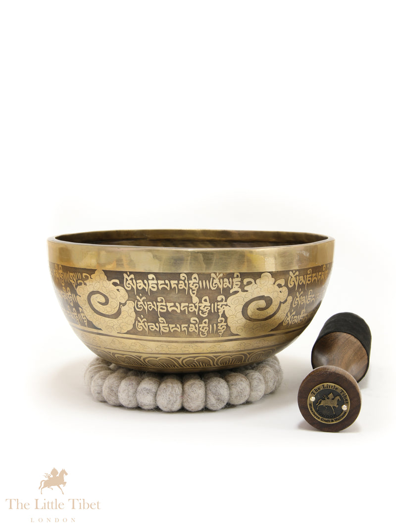 Hand-Beaten Tibetan Singing Bowl – Solar Plexus Chakra Sound Healing Bowl with Mantra Etching (Note G) - EC102