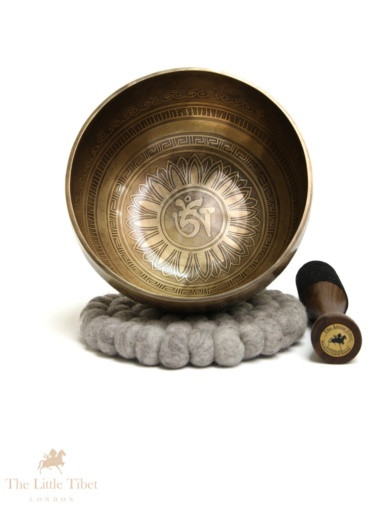 Hand-Etched OM Singing Bowl | 7-Metal D & E Note Tibetan Mantra Bowl-EC365
