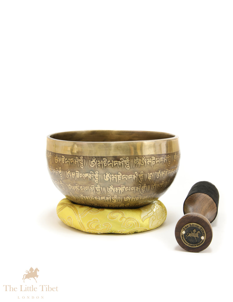 Hand-Beaten Tibetan Singing Bowl – Heart Chakra Sound Healing Bowl with Mantra Etching (Note D)- EC88