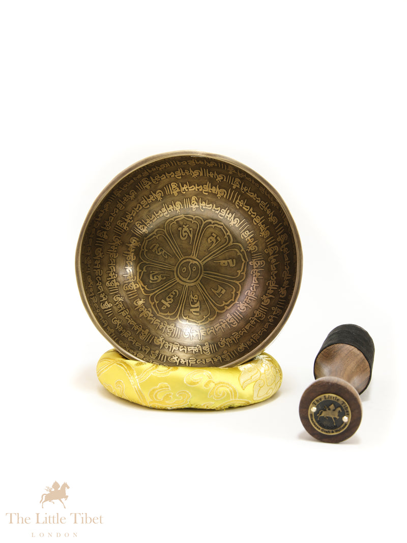 Hand-Beaten Tibetan Singing Bowl – Heart Chakra Sound Healing Bowl with Mantra Etching (Note D)- EC88