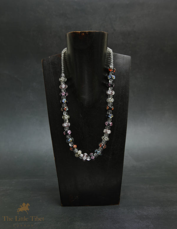 Murano Glass Floral Necklace | Handcrafted Multicolour Beaded Jewellery with Crystal Accents