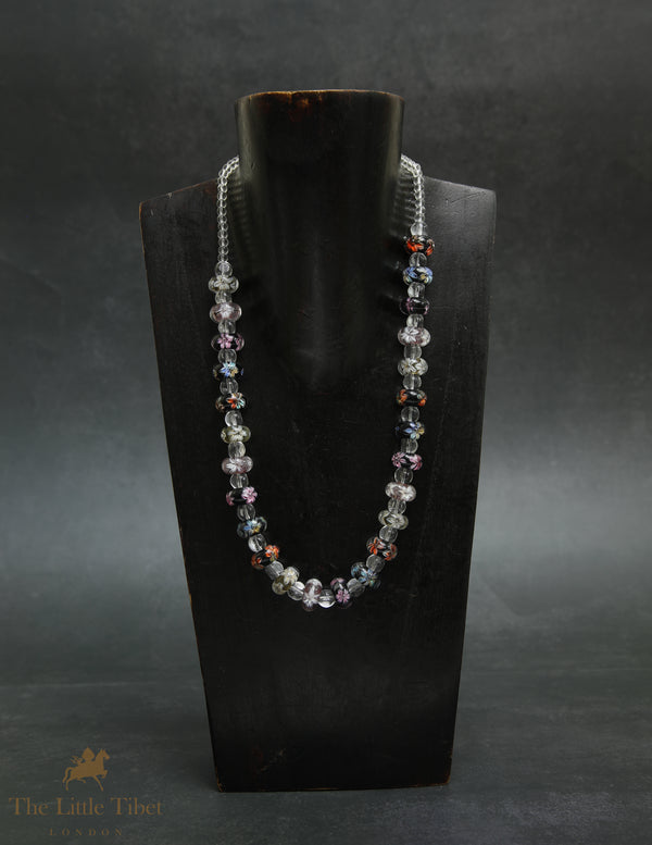 Murano Glass Floral Necklace | Handcrafted Multicolour Beaded Jewellery with Crystal Accents