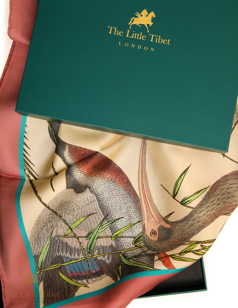 Sea Bird Representation Silk Scarf – 100% Pure Silk Twill (Beige & Turquoise)