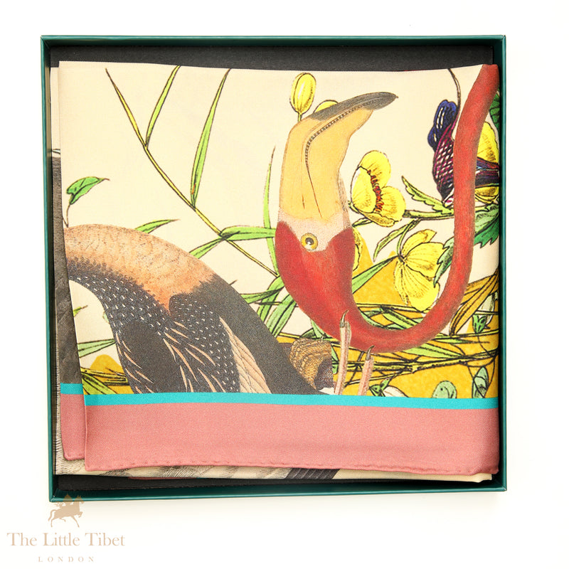 Sea Bird Representation Silk Scarf – 100% Pure Silk Twill (Beige & Turquoise)