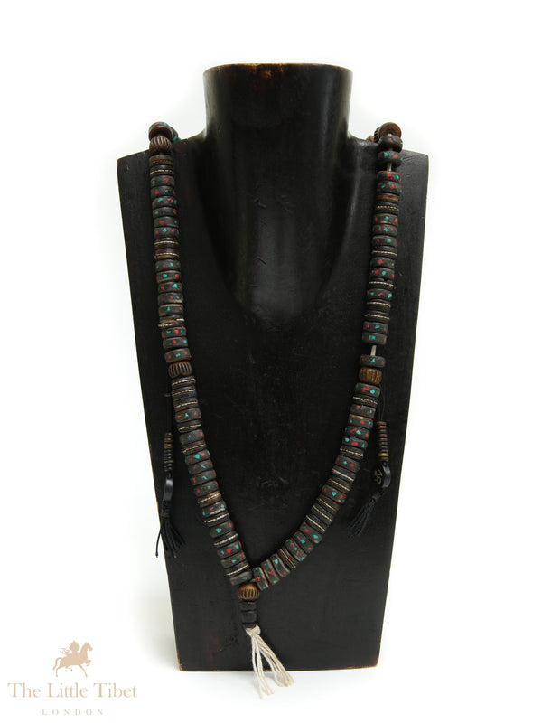 Antique Black Yak Bone Mala | 108 Disc Beads with Red, Blue & Brass Inlay