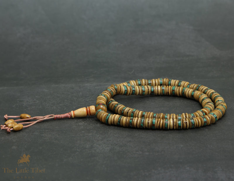 Tibetan Yak Bone Mala | 108 Disc Beads with Brass & Blue Inlay Ridge