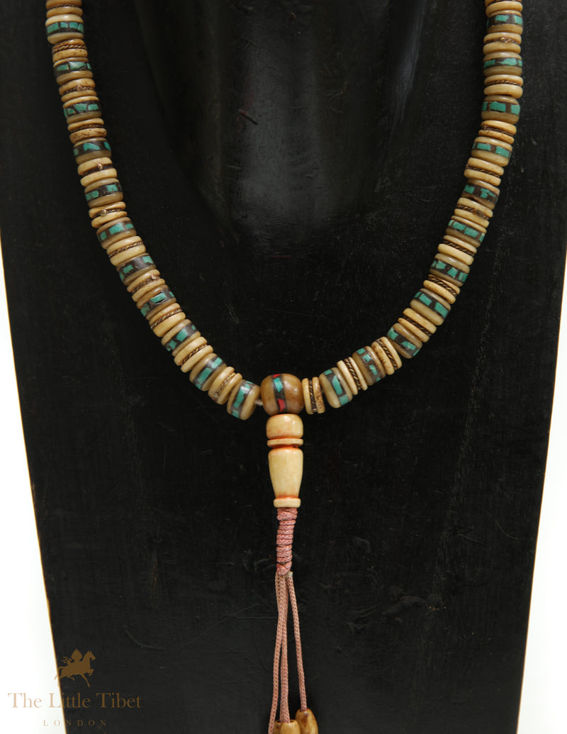 Tibetan Yak Bone Mala | 108 Disc Beads with Brass & Blue Inlay Ridge