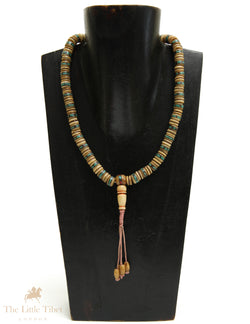 Tibetan Yak Bone Mala | 108 Disc Beads with Brass & Blue Inlay Ridge