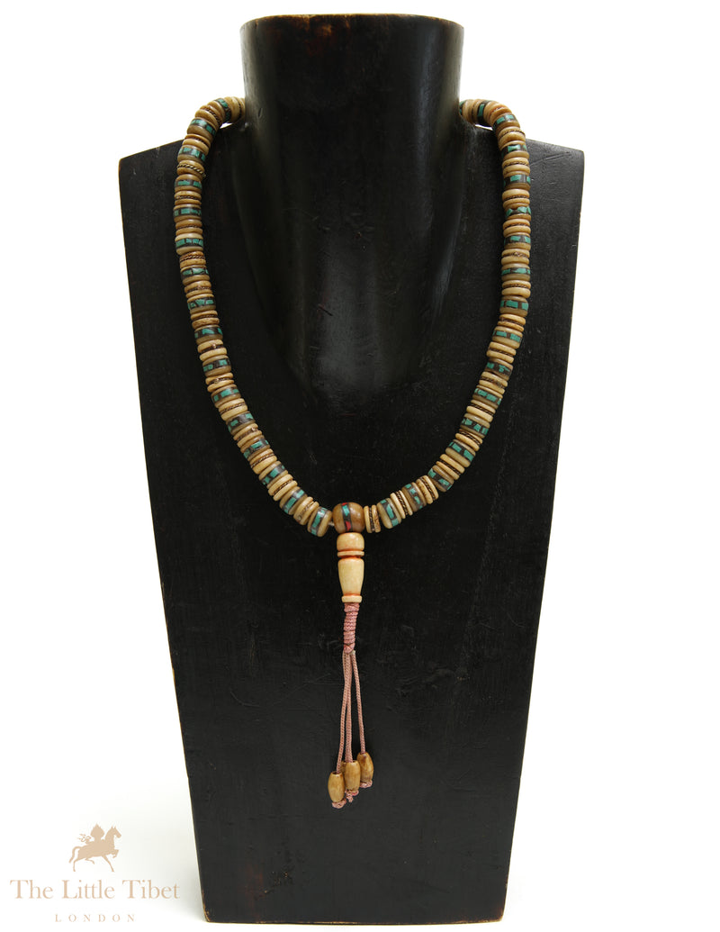 Tibetan Yak Bone Mala | 108 Disc Beads with Brass & Blue Inlay Ridge