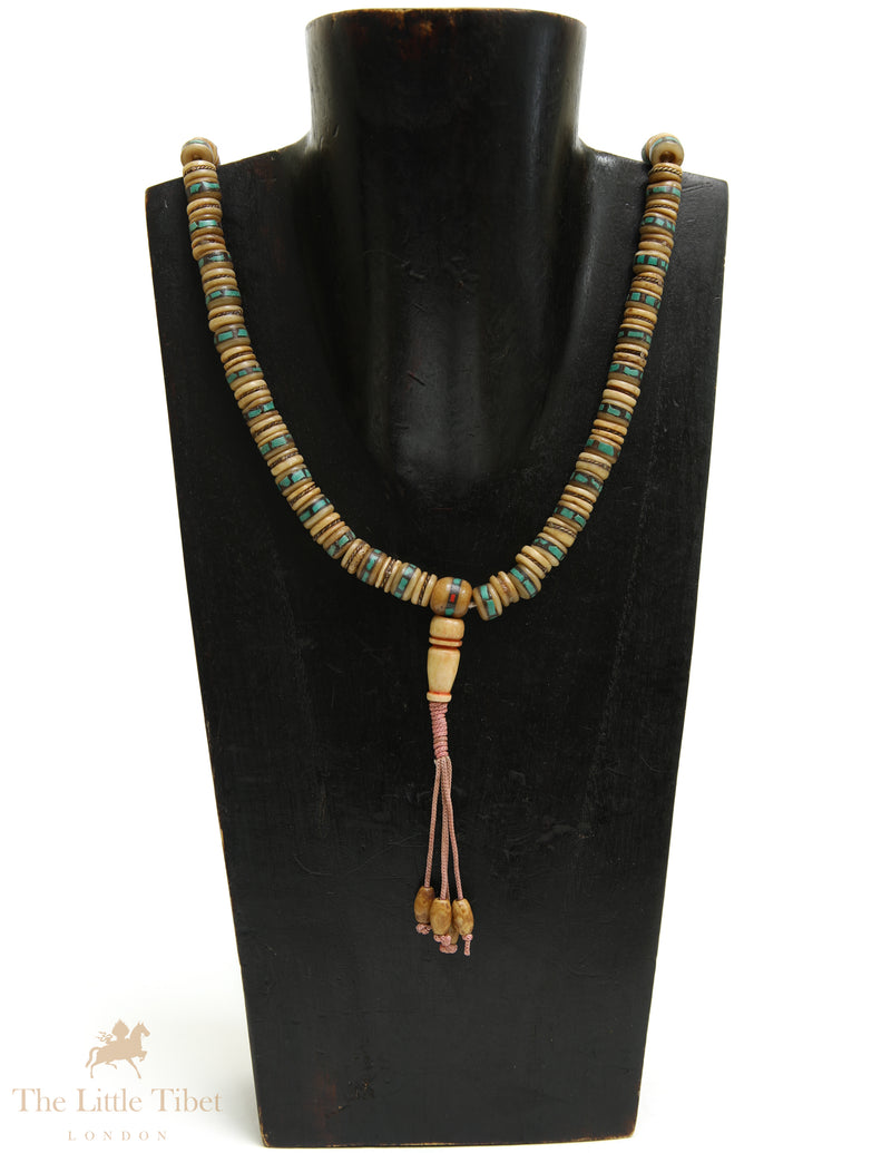 Tibetan Yak Bone Mala | 108 Disc Beads with Brass & Blue Inlay Ridge