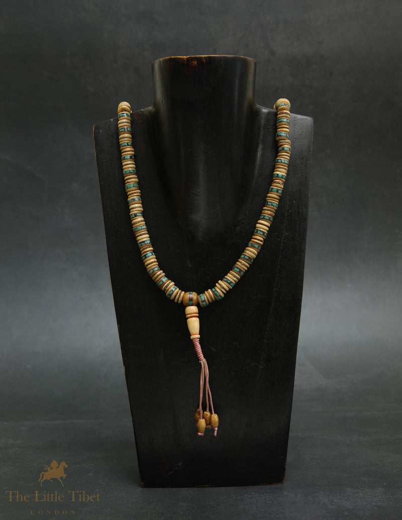 Tibetan Yak Bone Mala | 108 Disc Beads with Brass & Blue Inlay Ridge