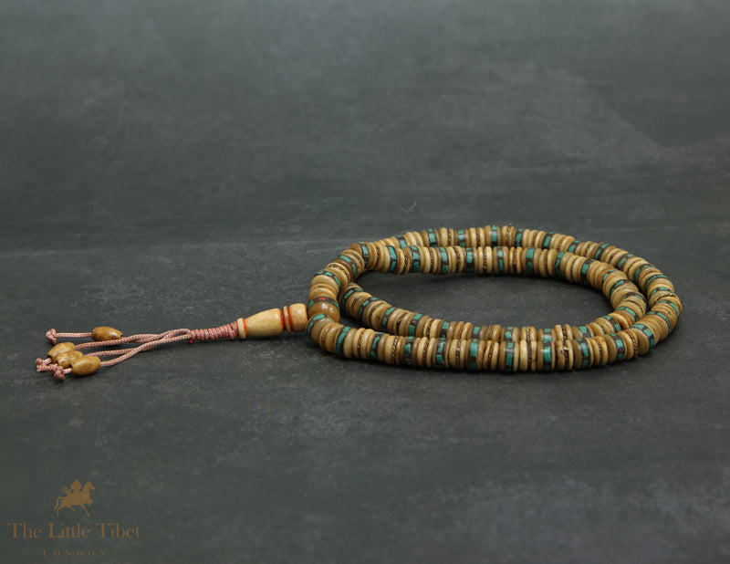 Tibetan Yak Bone Mala | 108 Disc Beads with Brass & Blue Inlay Ridge