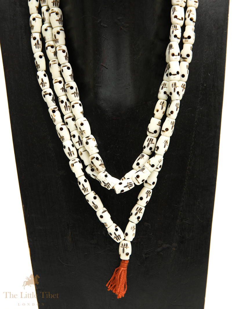 White Skull Mala | 108 Yak Bone Beads – Long Tibetan Necklace Mala