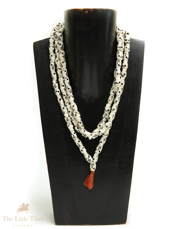 White Skull Mala | 108 Yak Bone Beads – Long Tibetan Necklace Mala