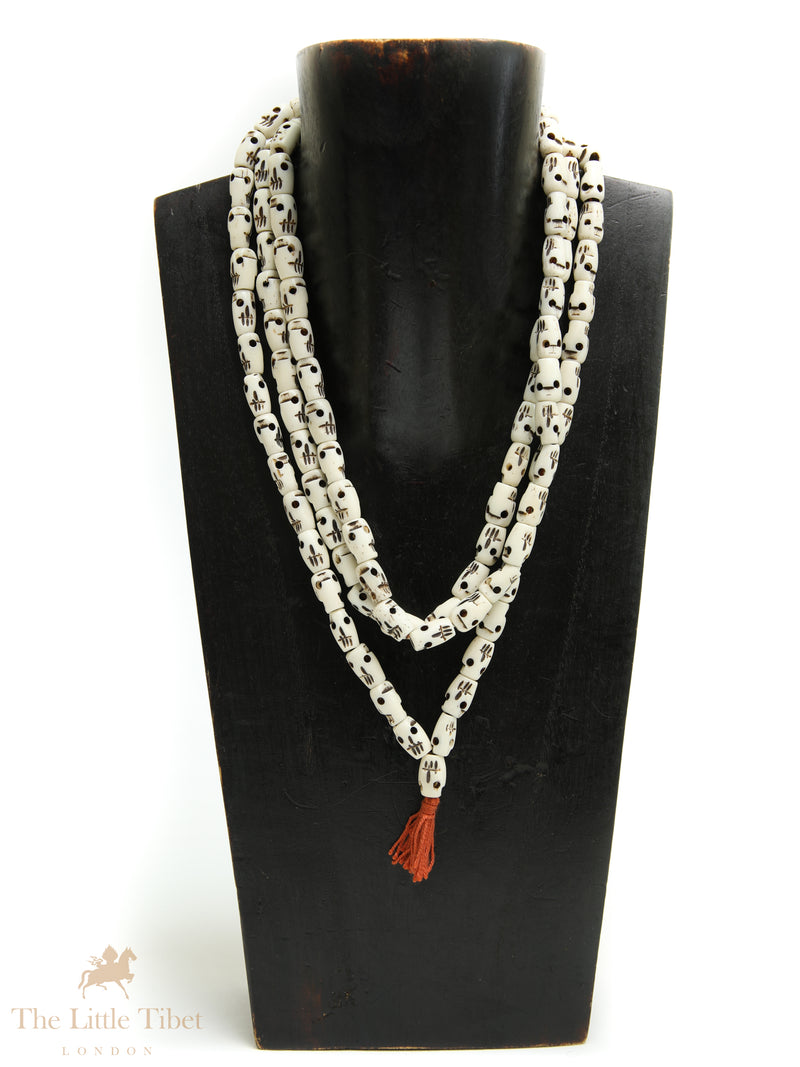 White Skull Mala | 108 Yak Bone Beads – Long Tibetan Necklace Mala