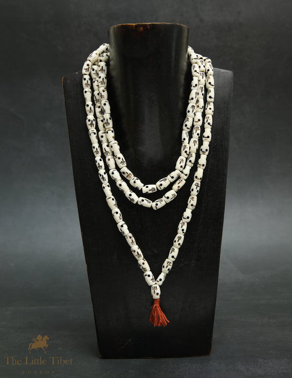 White Skull Mala | 108 Yak Bone Beads – Long Tibetan Necklace Mala