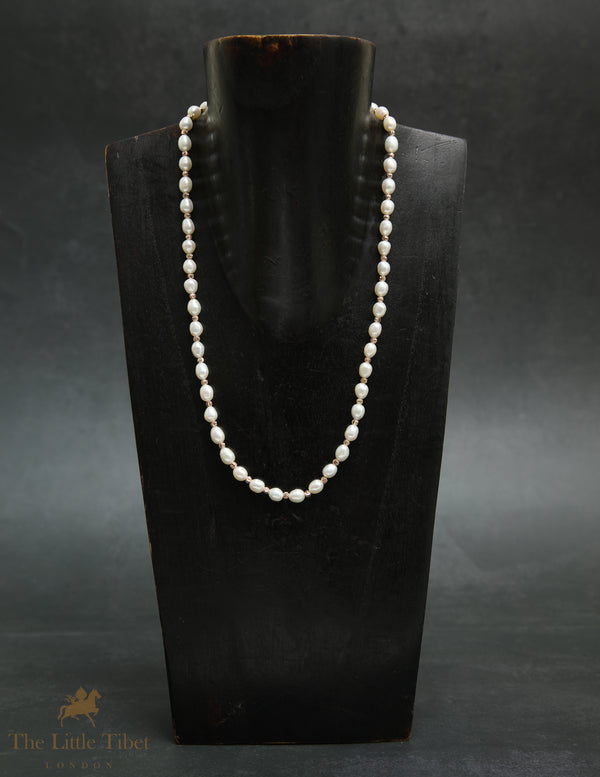 Freshwater Pearl Necklace with Rose Gold Spacers | Oval Natural White Pearls – Timeless Elegance