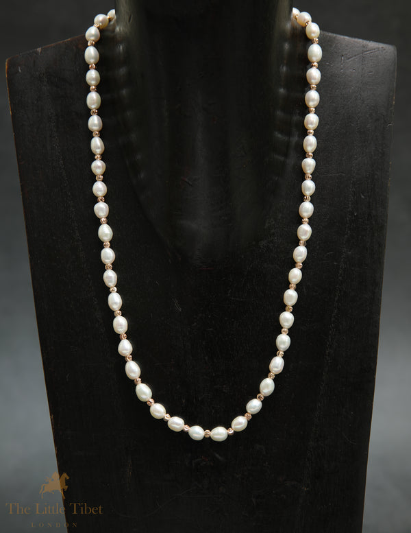Freshwater Pearl Necklace with Rose Gold Spacers | Oval Natural White Pearls – Timeless Elegance