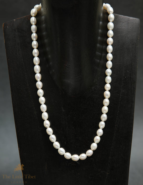 Freshwater Pearl Necklace | Oval-Shaped Natural White Pearls – Timeless Elegance