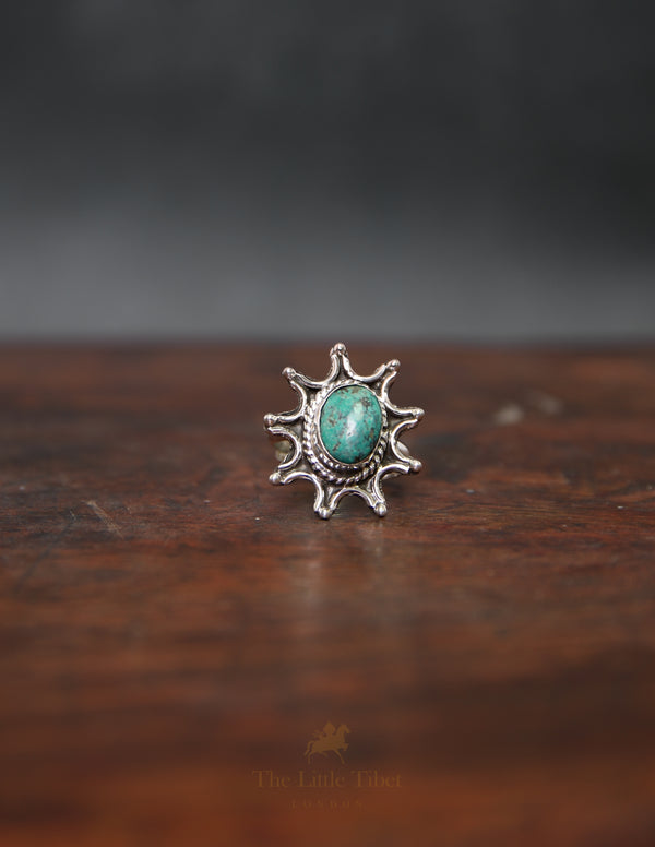 Adjustable Tibetan Turquoise Sunburst Ring – Silver Statement Ring with Central Inlay