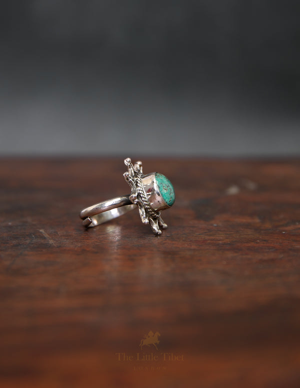 Adjustable Tibetan Turquoise Sunburst Ring – Silver Statement Ring with Central Inlay