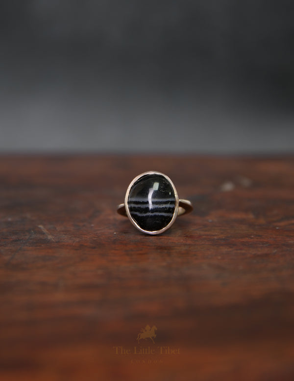 Tibetan Agate Ring – Silver Adjustable Ring with Rare Agate Inlay