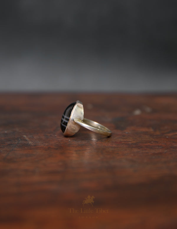 Tibetan Agate Ring – Silver Adjustable Ring with Rare Agate Inlay
