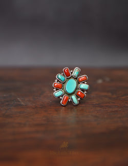 Adjustable Tibetan Coral & Turquoise Ring – Sterling Silver with Alternating Gemstone Studs