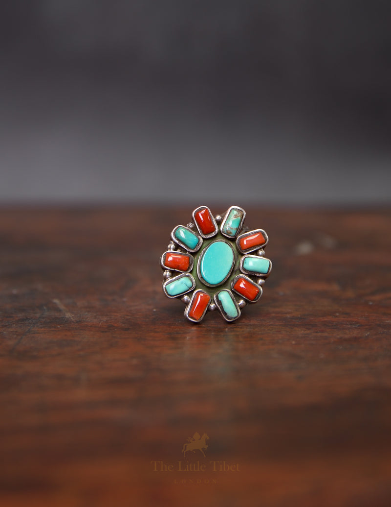 Adjustable Tibetan Coral & Turquoise Ring – Sterling Silver with Alternating Gemstone Studs