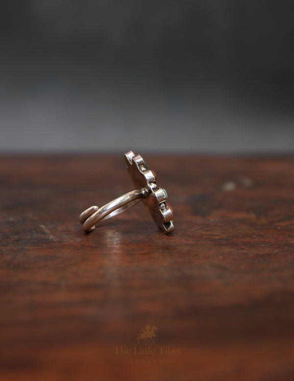 Adjustable Tibetan Coral & Turquoise Ring – Sterling Silver with Alternating Gemstone Studs