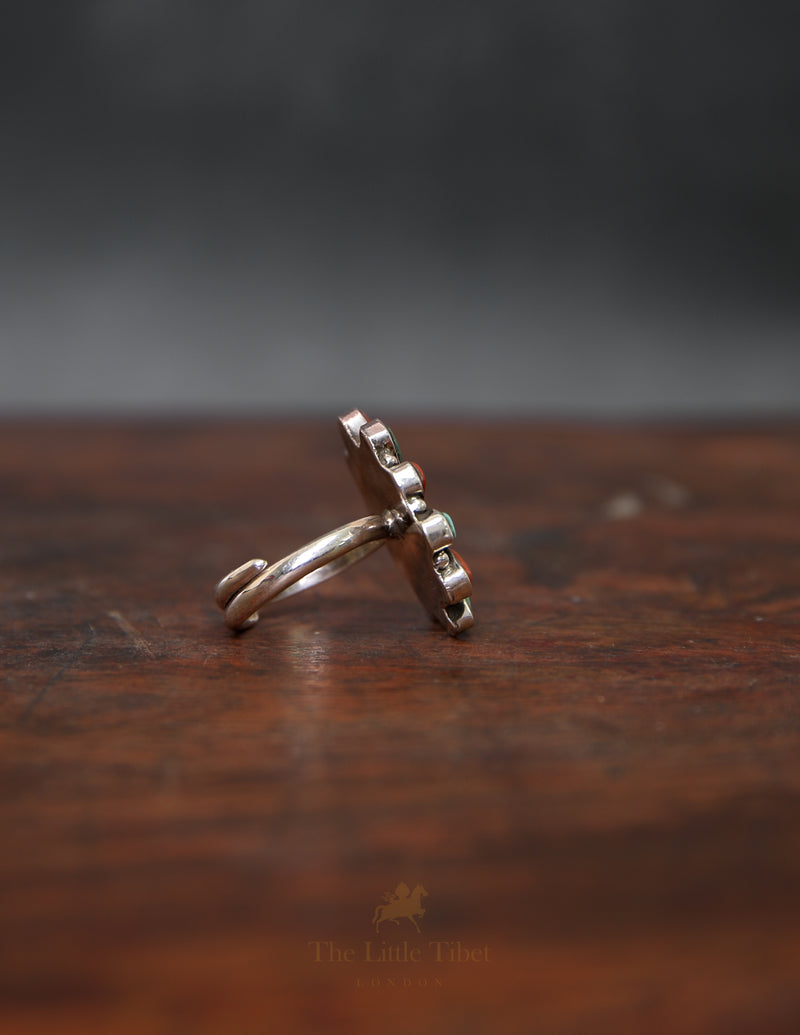 Adjustable Tibetan Coral & Turquoise Ring – Sterling Silver with Alternating Gemstone Studs
