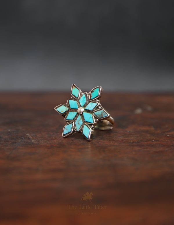 Adjustable Tibetan Turquoise Lotus Ring – 925 Sterling Silver with 12 Turquoise Studs