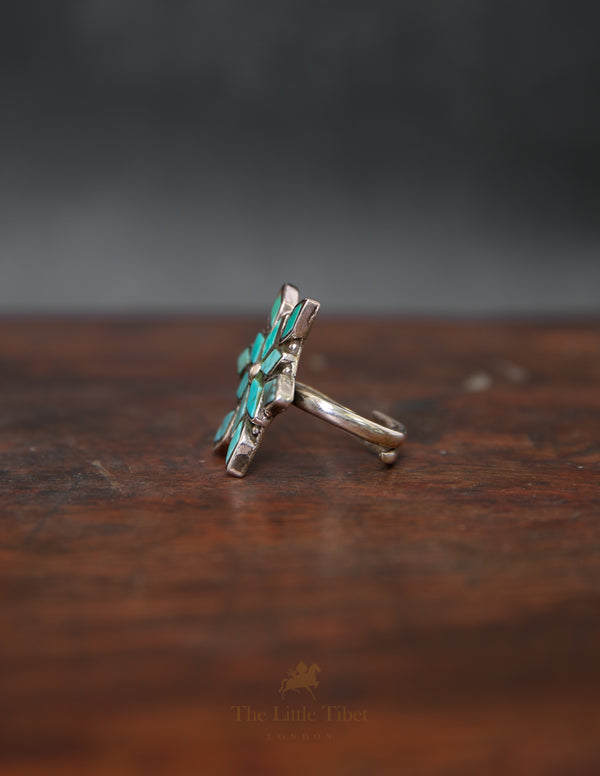 Adjustable Tibetan Turquoise Lotus Ring – 925 Sterling Silver with 12 Turquoise Studs