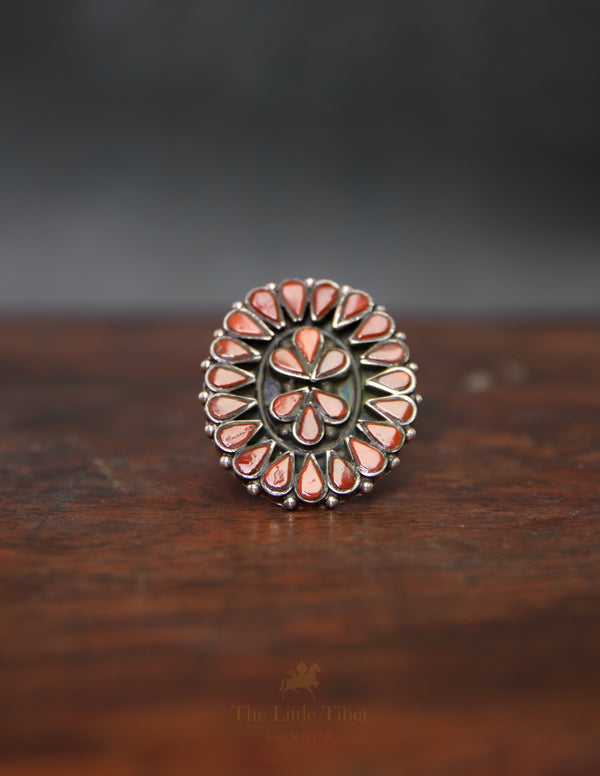 Adjustable Tibetan Red Coral Ring – 925 Silver Floral Mandala Design
