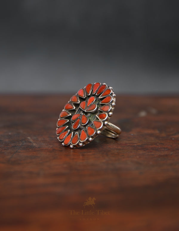 Adjustable Tibetan Red Coral Ring – 925 Silver Floral Mandala Design