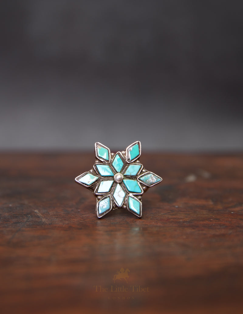 Adjustable Tibetan Turquoise Lotus Ring – 925 Sterling Silver with 12 Turquoise Studs