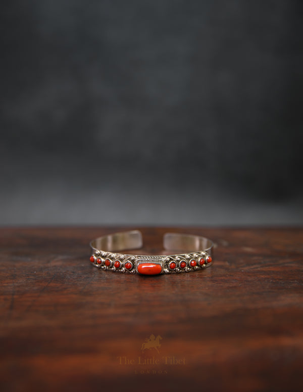 Tibetan Red Coral Bangle – Adjustable Slim Silver Bracelet with Central Elongated Stud