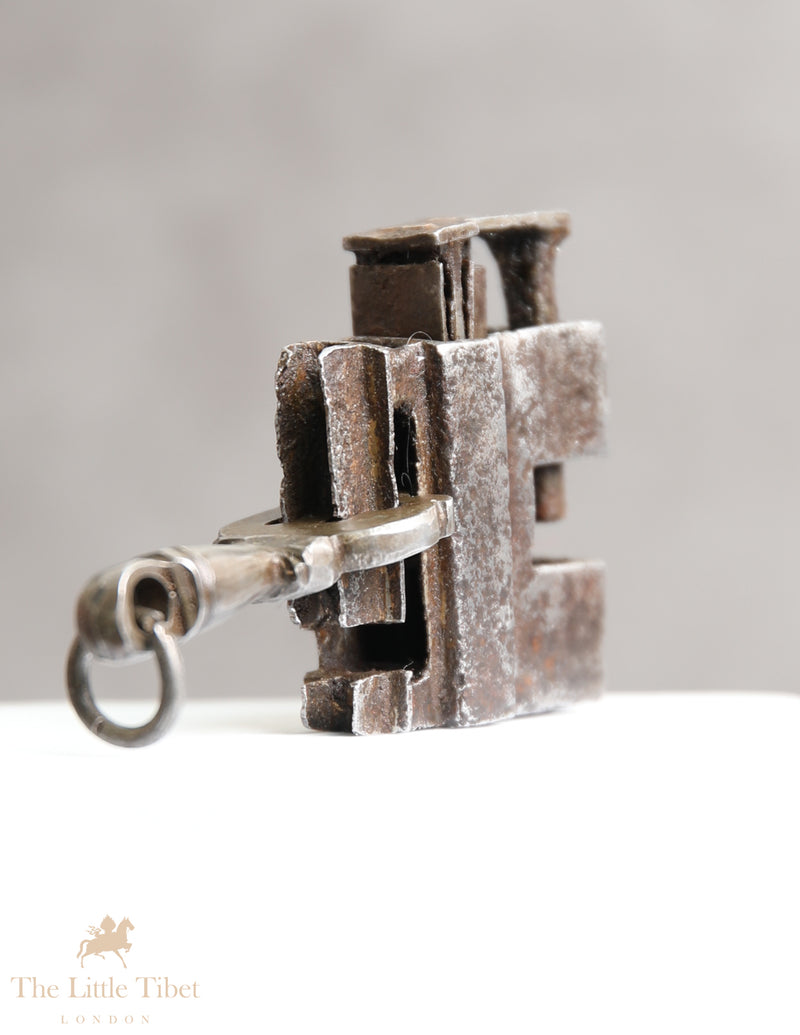 Rare 18th Century Tibetan Padlock &amp; Key - Antique Temple Slide-Key Lock