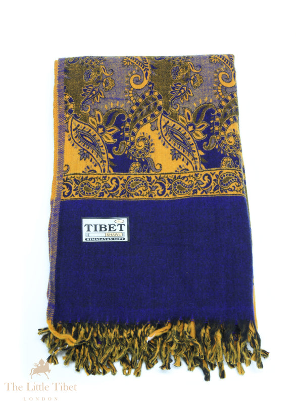 Majestic Contrast: The Mustard and Navy Blue Tibet Shawl