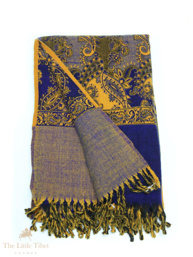 Majestic Contrast: The Mustard and Navy Blue Tibet Shawl