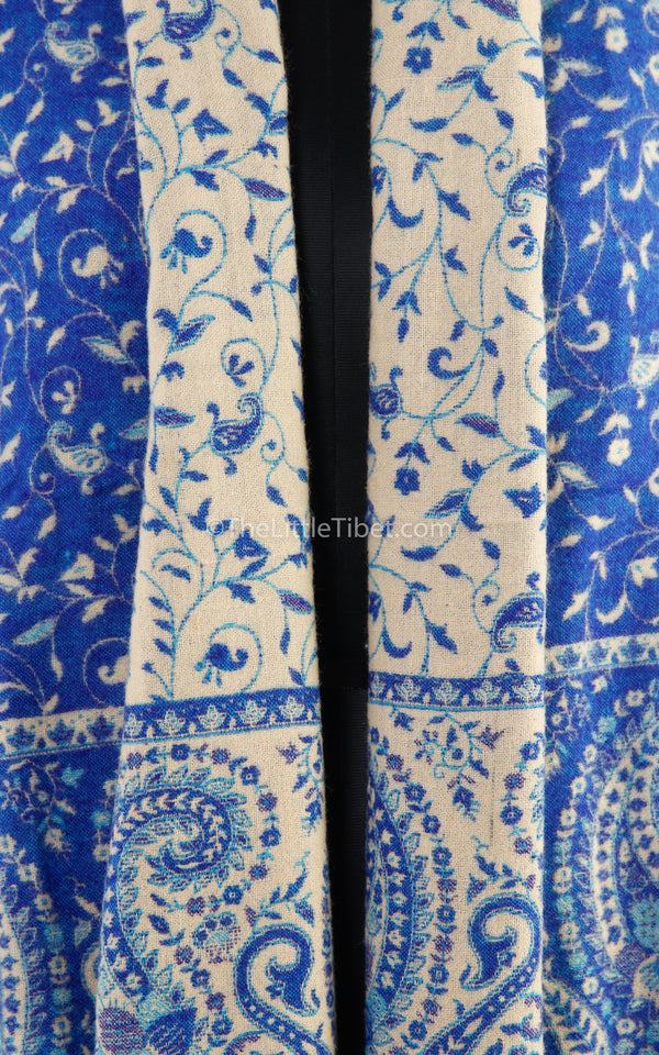 Close up lapis lazuli cream paisley design reversible tibet shawl  free uk shipping