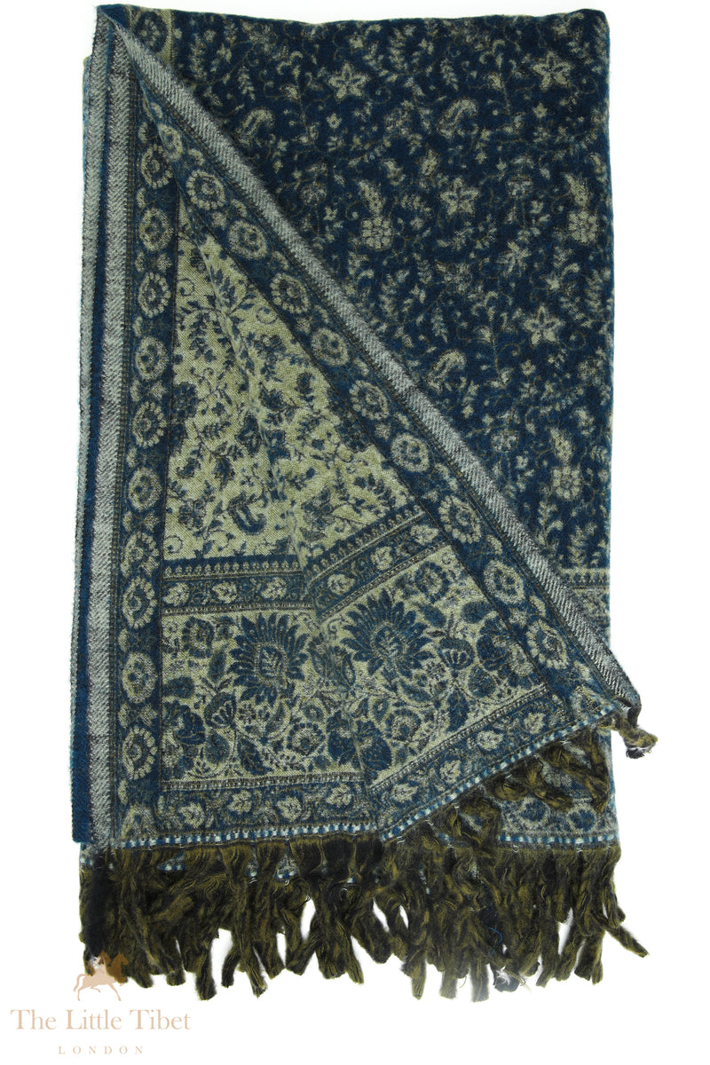 Mirage Blue and Lime Ash-Infused Floral Tibet Shawl - TS9A
