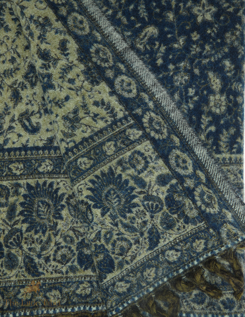 Mirage Blue and Lime Ash-Infused Floral Tibet Shawl - TS9A