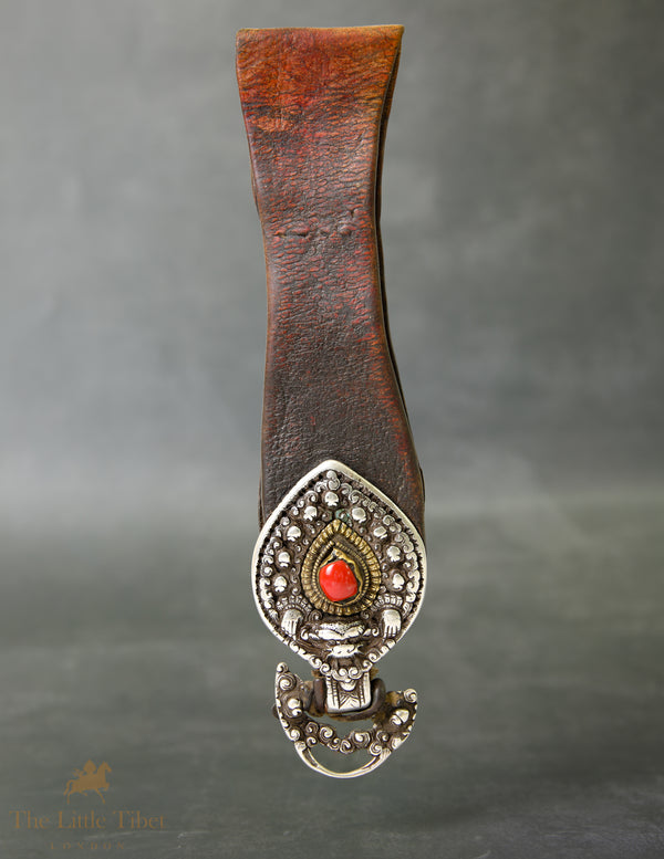 19th-Century Tibetan Belt Hook | Leather Base with Silver & Red Coral Stud – Highly Collectable