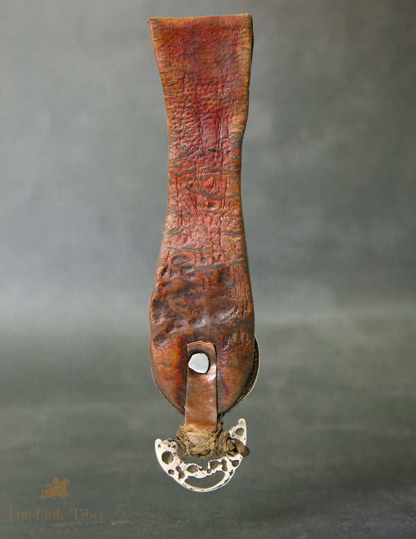 19th-Century Tibetan Belt Hook | Leather Base with Silver & Red Coral Stud – Highly Collectable