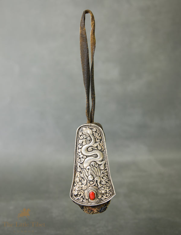 19th-Century Tibetan Needle Pouch | Highly Collectable Silver & Leather Belt Pouch with Dark Red Coral
