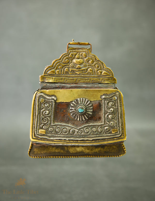 19th-Century Tibetan Bullet Pouch | Highly Collectable Brass Case with Decorations & Turquoise Studs