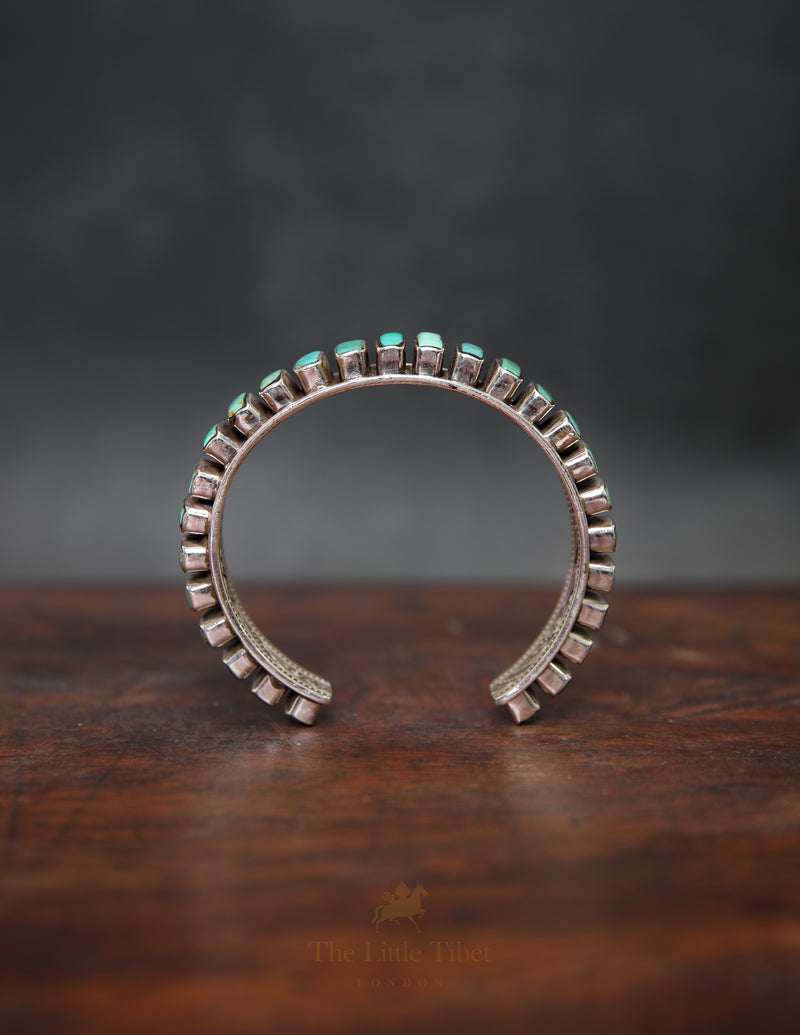 Chunky Tibetan Turquoise Bangle – 27 Elongated Turquoise Studs on Silver