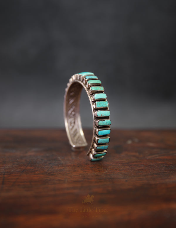 Chunky Tibetan Turquoise Bangle – 27 Elongated Turquoise Studs on Silver